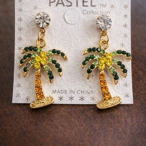 Gold Palm Tree Drop Earrings - Green & Yellow
